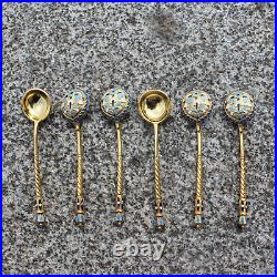 Set of 6 Antique Imperial Russian Enameled, Gilded Silver Spoons, Antique Spoons