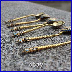 Set of 6 Antique Imperial Russian Enameled, Gilded Silver Spoons, Antique Spoons