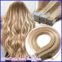 THICK 100G Remy Tape In Real Human Hair Extensions Skin Weft 40PCS Mix Blonde UK