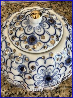 Teapot By Imperial Porcelain Russian Lomonosov Blue, White, Gold
