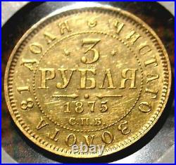 VERY RARE 1875 3 R RUSSIAN TZAR ALEXANDER 2nd ANTIQUE GOLD COIN IMPERIAL RUSSIA