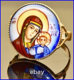 Very rare antique Imperial Russian 14k gold &hand painted enamel icon ring c1909