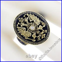 Vintage 14K Gold Diamond Blue Enamel Imperial Eagle Russian Style Cocktail Ring