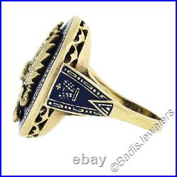 Vintage 14K Gold Diamond Blue Enamel Imperial Eagle Russian Style Cocktail Ring