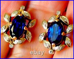 Vintage! 14k Solid Yellow Gold Diamond, Royal Blue Sapphire Earrings. 6.05 Gram