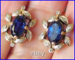 Vintage! 14k Solid Yellow Gold Diamond, Royal Blue Sapphire Earrings. 6.05 Gram