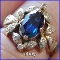 Vintage! 14k Solid Yellow Gold Real Diamond, Royal Lab Created Sapphire Ring