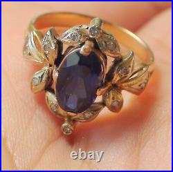 Vintage! 14k Solid Yellow Gold Real Diamond, Royal Lab Created Sapphire Ring