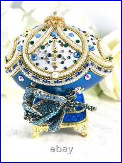 Vintage Blue Rose Faberge egg Imperial Russian Musical Jewelry box SET 5ct HMADE