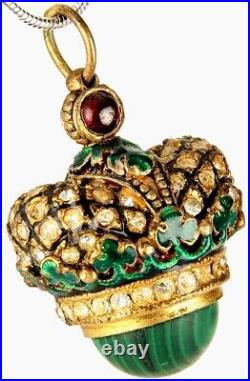 Vintage Faberge Egg IMPERIAL CROWN Gold Plated Crystals Garnets Emerald Pendant