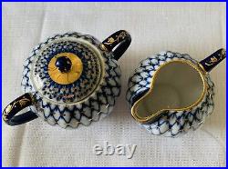 Vintage Lomonosov Russian Porcelain Cobalt Net & 22k Gold Sugar Bowl & Creamer