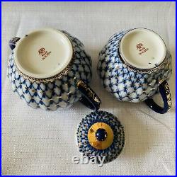 Vintage Lomonosov Russian Porcelain Cobalt Net & 22k Gold Sugar Bowl & Creamer