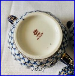 Vintage Lomonosov Russian Porcelain Cobalt Net & 22k Gold Sugar Bowl & Creamer