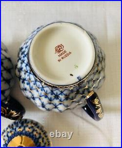 Vintage Lomonosov Russian Porcelain Cobalt Net & 22k Gold Sugar Bowl & Creamer