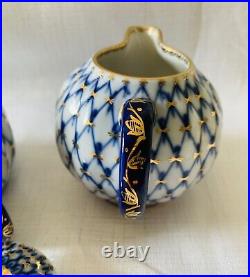 Vintage Lomonosov Russian Porcelain Cobalt Net & 22k Gold Sugar Bowl & Creamer