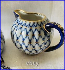 Vintage Lomonosov Russian Porcelain Cobalt Net & 22k Gold Sugar Bowl & Creamer