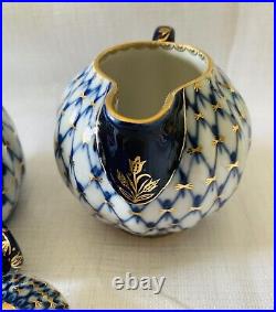 Vintage Lomonosov Russian Porcelain Cobalt Net & 22k Gold Sugar Bowl & Creamer