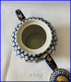 Vintage Lomonosov Russian Porcelain Cobalt Net & 22k Gold Sugar Bowl & Creamer