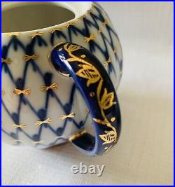 Vintage Lomonosov Russian Porcelain Cobalt Net & 22k Gold Sugar Bowl & Creamer