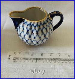 Vintage Lomonosov Russian Porcelain Cobalt Net & 22k Gold Sugar Bowl & Creamer