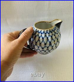 Vintage Lomonosov Russian Porcelain Cobalt Net & 22k Gold Sugar Bowl & Creamer