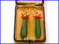 Vintage Rare Imperial Beautiful 14k Solid Gold 56 Corals Silver Jade Earrings