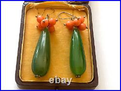 Vintage Rare Imperial Beautiful 14k Solid Gold 56 Corals Silver Jade Earrings