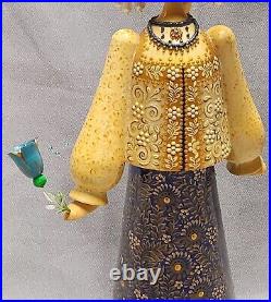 Vintage Russian Wooden Doll Signed Gromovo E Folk Flower Gold Royal Blue 15