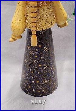 Vintage Russian Wooden Doll Signed Gromovo E Folk Flower Gold Royal Blue 15