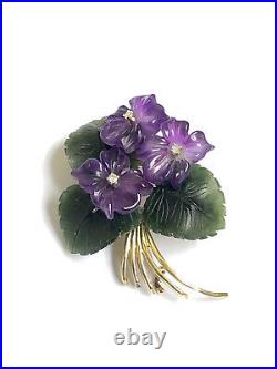 Vnt. Rare Imperial Russian Faberge 14 Gold 56 Jade Diamond Amethyst Lady Brooch