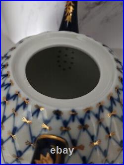 Vtg 90s Lomonosov Cobalt Net Tulip Teapot 10 Cups, 22k gold? Made In Russia Stamp