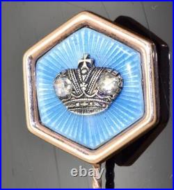 WWI Imperial Russian Faberge Officer's 14k Gold Enamel Diamond Crown Lapel Pin