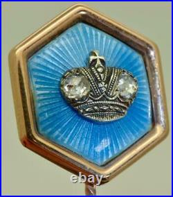 WWI Imperial Russian Faberge Officer's 14k Gold, Enamel & Diamond crown lapel pin